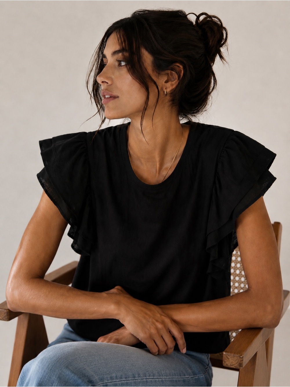 A NEW DAY Black Linen Blend Tiered Ruffle Flutter Sleeve Top XS